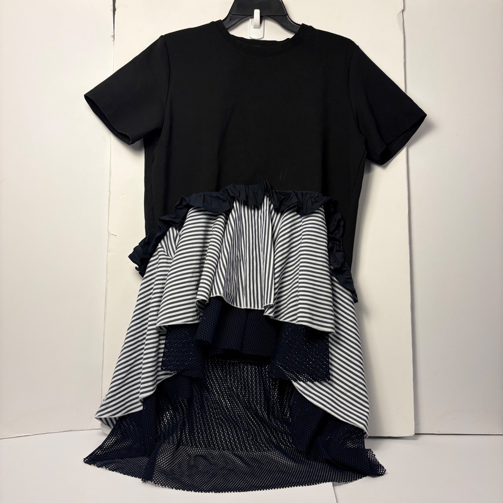 WHY Dress Womens Large Black Mixed Media Striped Ruffle Mesh High Low T-Dress